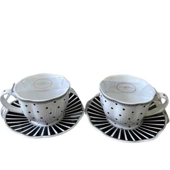 GRACE TEAWARE Black & White Striped Polka Dots Teacup and Saucer Set of 2 New - Picture 1 of 16